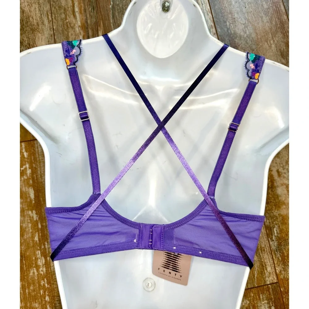 Savage X Fenty Steamy Floral Lace Bra 34B & Thong Medium Set Purple Royale